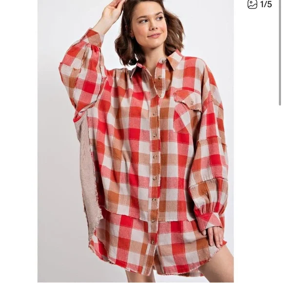Red and Tan Plaid Button Down oversized shirt - Picture 1 of 12
